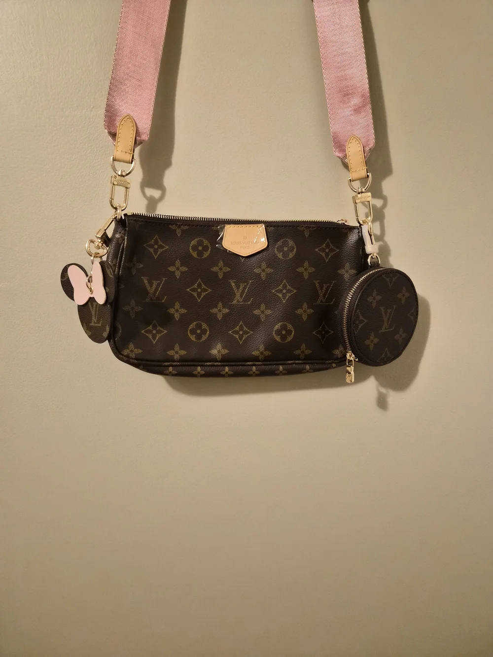Louis Vuitton Brown Monogram Canvas Crossbody with Pink Strap